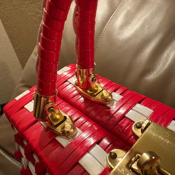 1950s 1960s White Coated Wicker Top Handle Handbag, Vintage 50s 60s Wicker Purse - Picture 8 of 8